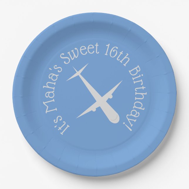 Airplane on Blue Personalized Paper Plate (Front)