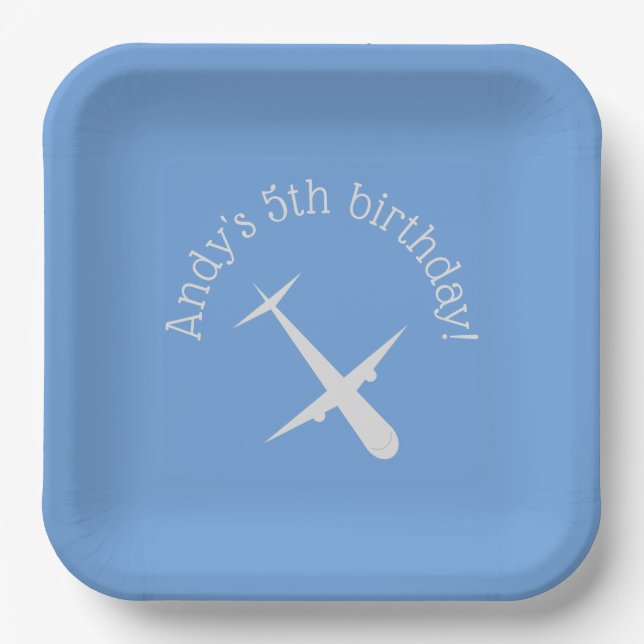 Airplane on Blue Personalized Paper Plate (Front)