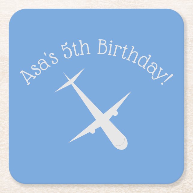 Airplane on Blue Personalized Square Paper Coaster (Front)