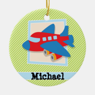 Airplane on Lime Green & White Stripes Ceramic Ornament