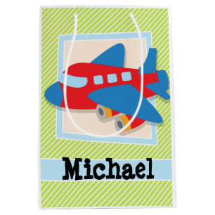 Airplane on Lime Green & White Stripes Medium Gift Bag