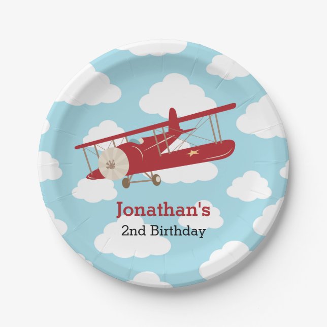 Airplane Paper Plates (Vintage Red Plane Boy) (Front)