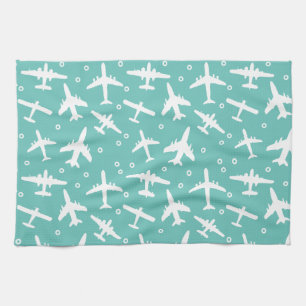 Airplane Pattern Aqua Blue and White Aviation Kitchen Towel