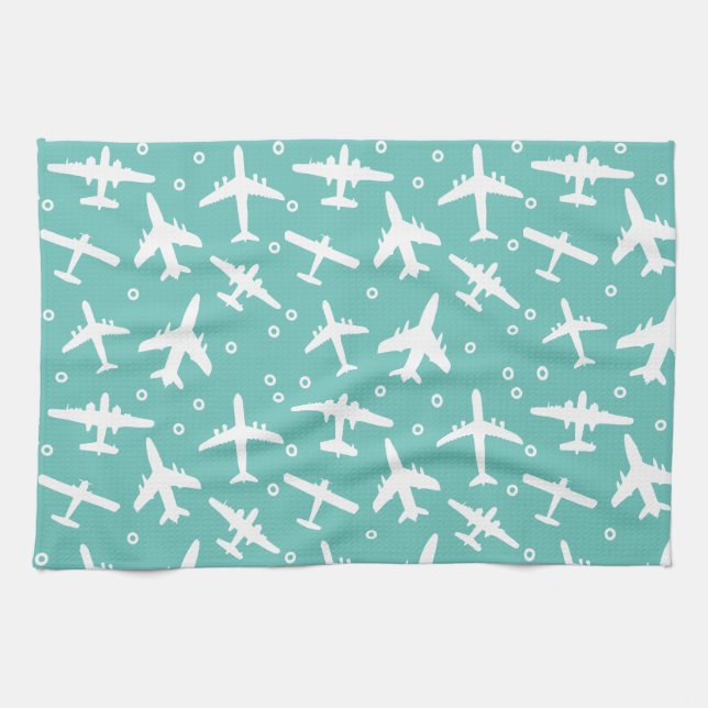 Airplane Pattern Aqua Blue and White Aviation Kitchen Towel (Horizontal)