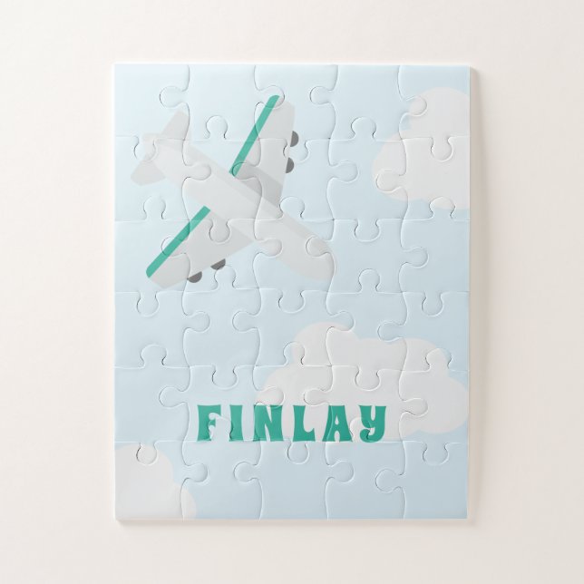 Airplane Personalized Name Boys Blue and Teal Jigsaw Puzzle (Vertical)