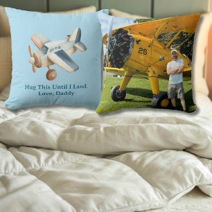Airplane Photo Hug This Until I Land Cute Blue Boy Throw Pillow