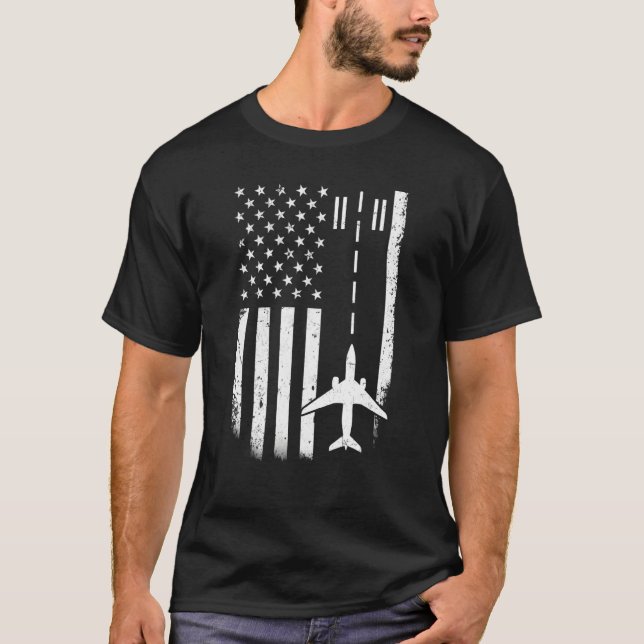 Airplane Pilot American Flag Airport Runway Funny  T-Shirt (Front)