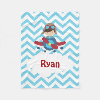 Airplane Pilot Blue Chevron Brown Hair Fleece Blanket