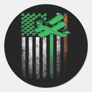 Airplane Pilot Flying Irish American Flag St. Patr Classic Round Sticker