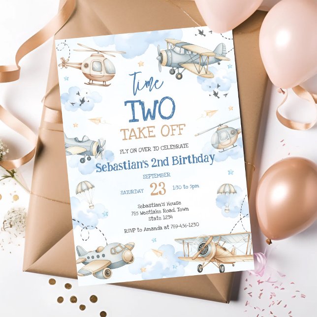 Airplane Pilot Party Time Two Take Off Birthday Invitation (Creator Uploaded)