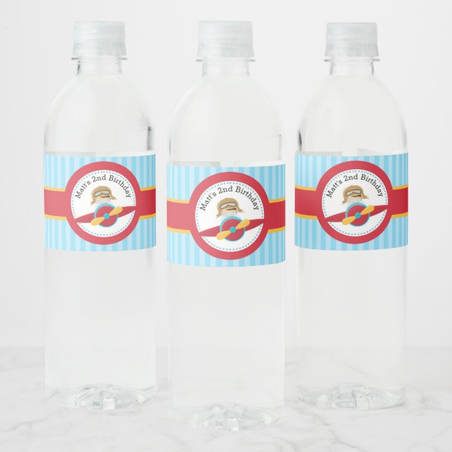 Airplane Pilot Personalized Boy Birthday  Water Bottle Label (Bottles)