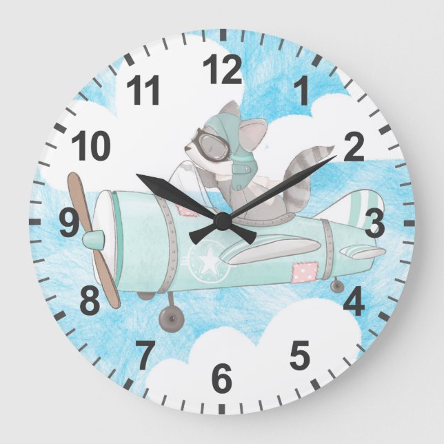 Airplane Pilot Raccoon Large Clock (Front)