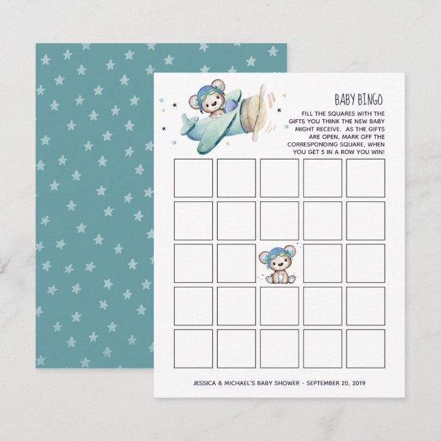 Airplane Pilot Teddy Bear Baby Bingo Invitation (Front/Back)