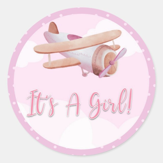 Airplane Pink Baby Shower Sticker It's A Girl (Front)