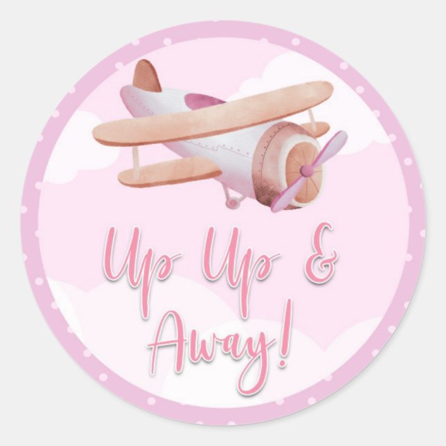 Airplane Pink Clouds Baby Shower Sticker Up Away (Front)