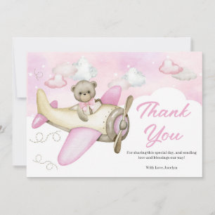 Airplane Pink Teddy Bear Baby Shower Thank You Card