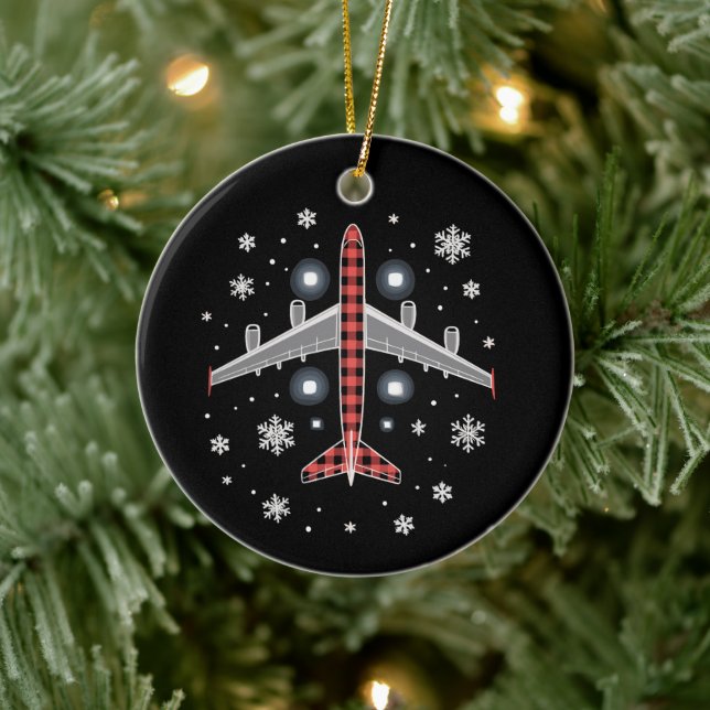 Airplane Plaid Christmas Pilot Ceramic Ornament (Tree)