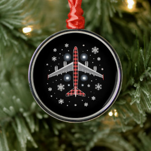 Airplane Plaid Christmas Pilot Metal Ornament