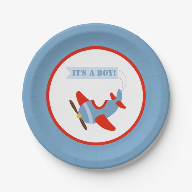Airplane Red Blue Boy Baby Shower Paper Plate (Front)