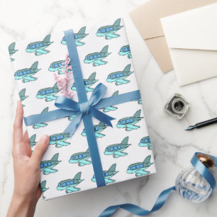 Airplane Retro Blue Birthday Kids Pilot Travel Wrapping Paper