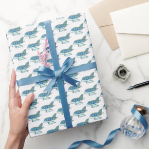 Airplane Retro Blue Birthday Kids Pilot Travel Wrapping Paper