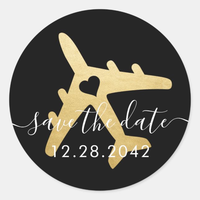 Airplane Romantic Travel Destination Save the Date Classic Round Sticker (Front)