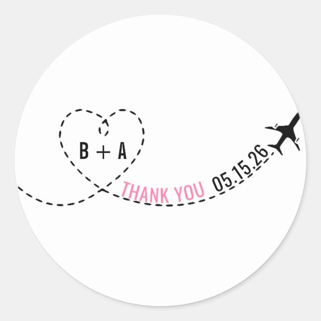 Airplane Route Monogram Wedding Date Thank You Classic Round Sticker (Front)