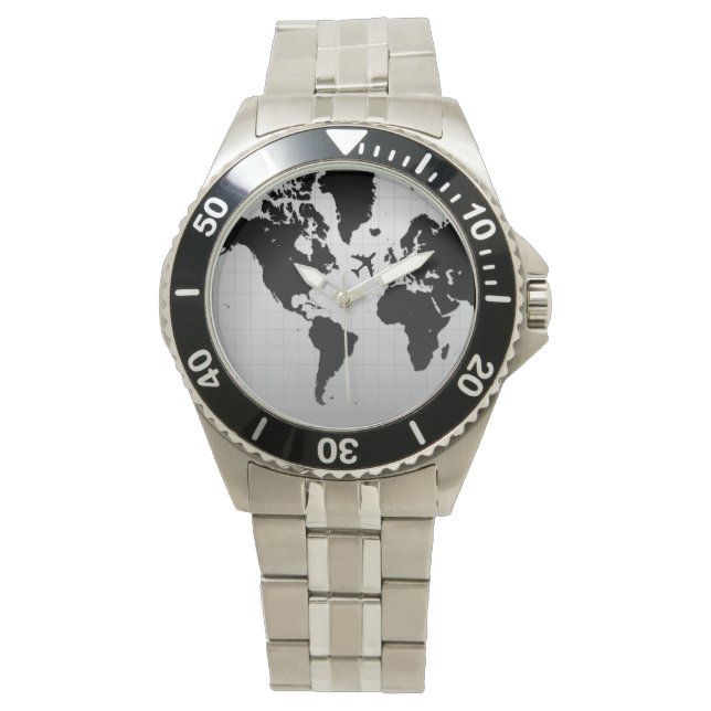 airplane silhouette over black world map watch (Front)