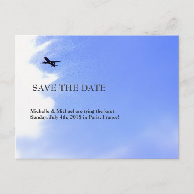 Airplane Sky Destination Save-the-Date Announcement Postcard (Front)
