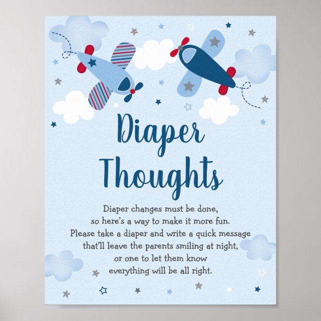 Airplane Stars Clouds Baby Shower Diaper Thoughts Poster (Front)