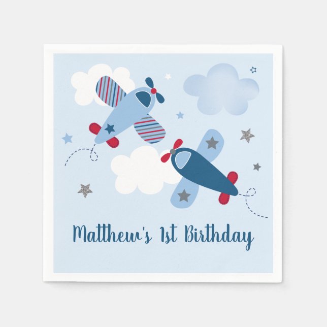 Airplane Stars Clouds Birthday Napkin (Front)