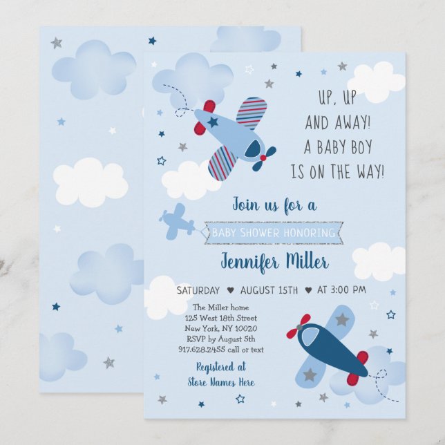 Airplane Stars Clouds Boy Baby Shower Invitation (Front/Back)