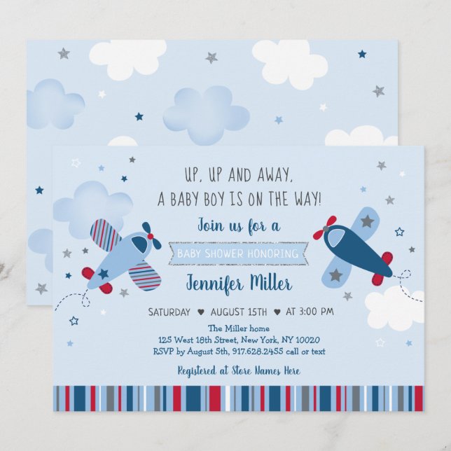 Airplane Stars Clouds Boy Baby Shower Invitation (Front/Back)