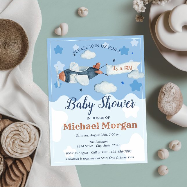 Airplane Stars Clouds It's a BOY Baby Shower Invitation (Creator Uploaded)