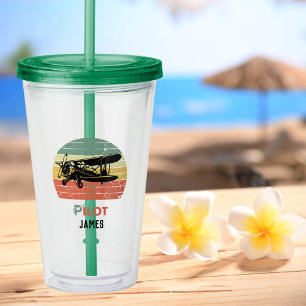 Airplane & Sunset,Vintage Retro, Green Acrylic Tumbler