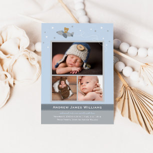 Airplane Teddy Baby Boy Blue and Grey Photo Birth Announcement