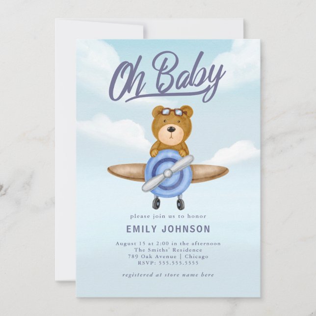 Airplane Teddy Bear Baby Shower Invitation (Front)