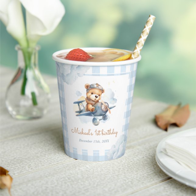 Airplane Teddy Bear Blue 1st Birthday Paper Cups (Insitu)