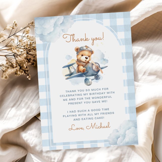 Airplane Teddy Bear Blue 1st Birthday Thank You Card (Creator Uploaded)