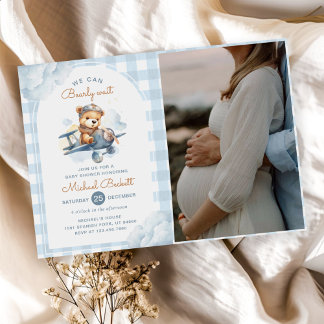 Airplane Teddy Bear Blue Boy Baby Shower Photo Invitation