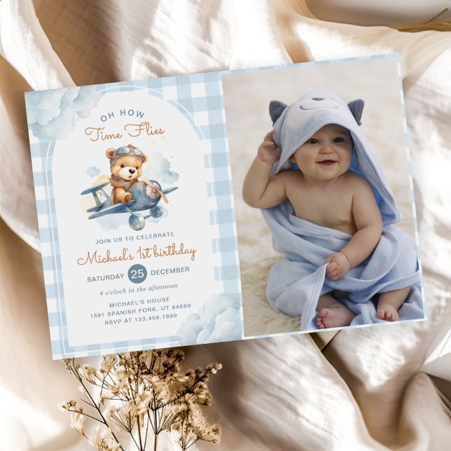 Airplane Teddy Bear Blue Time Flies Birthday Photo Invitation (Creator Uploaded)