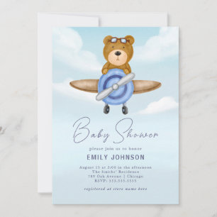 Airplane Teddy Bear Boy Baby Shower Invitation