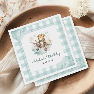 Airplane Teddy Bear Pastel Gingham 1st Birthday Napkin