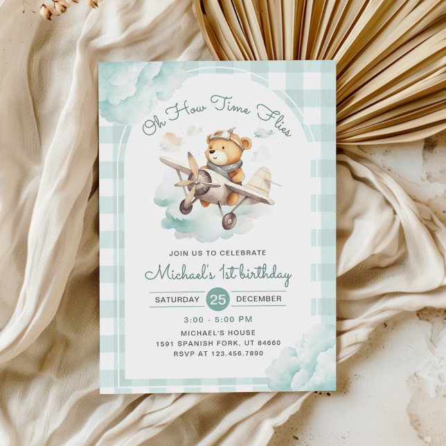 Airplane Teddy Bear Pastel Time Flies Birthday Invitation (Creator Uploaded)