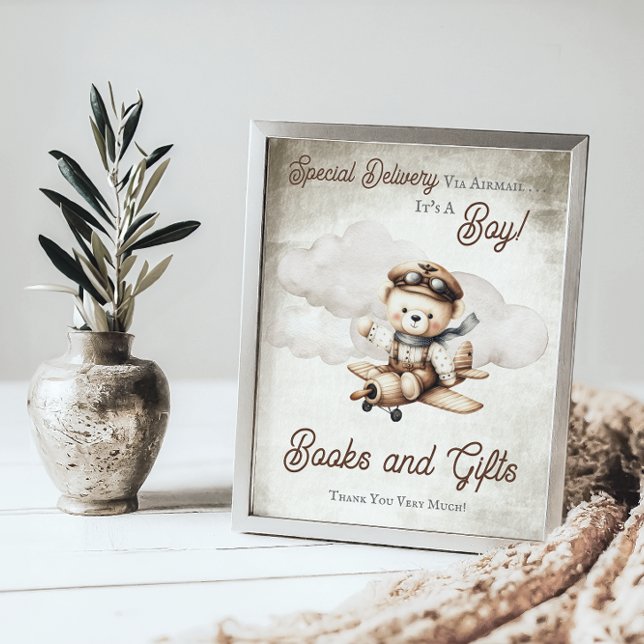 Airplane Teddy Bear Shower Favours Sign ("Special Delivery Via Airmail  It's A Boy!" Teddy Bear | Airplane Baby Shower Books and Gifts Sign)