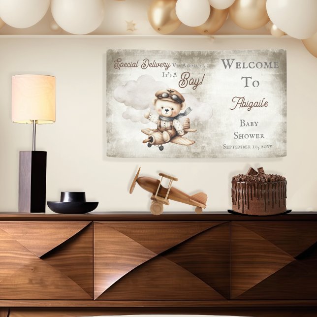 Airplane Teddy Bear Special Delivery Baby Shower Banner (Cute "Special Delivery Via Airmail . . . It's A Boy!" Teddy Bear | Airplane Baby Shower Banner)