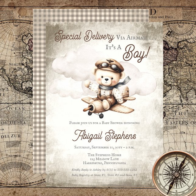 Airplane Teddy Bear Special Delivery Baby Shower Invitation (Cute "Special Delivery Via Airmail . . . It's A Boy!" Teddy Bear | Airplane Baby Shower Invitation)
