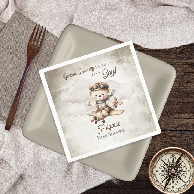Airplane Teddy Bear Special Delivery Baby Shower Napkin (Cute "Special Delivery Via Airmail . . . It's A Boy!" Teddy Bear Airplane Baby Shower Paper Napkins)