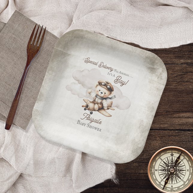 Airplane Teddy Bear Special Delivery Baby Shower Paper Plate (Cute "Special Delivery Via Airmail . . . It's A Boy!" Teddy Bear | Airplane Baby Shower Paper Plates)