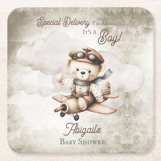 Airplane Teddy Bear Special Delivery Baby Shower Square Paper Coaster (Front)